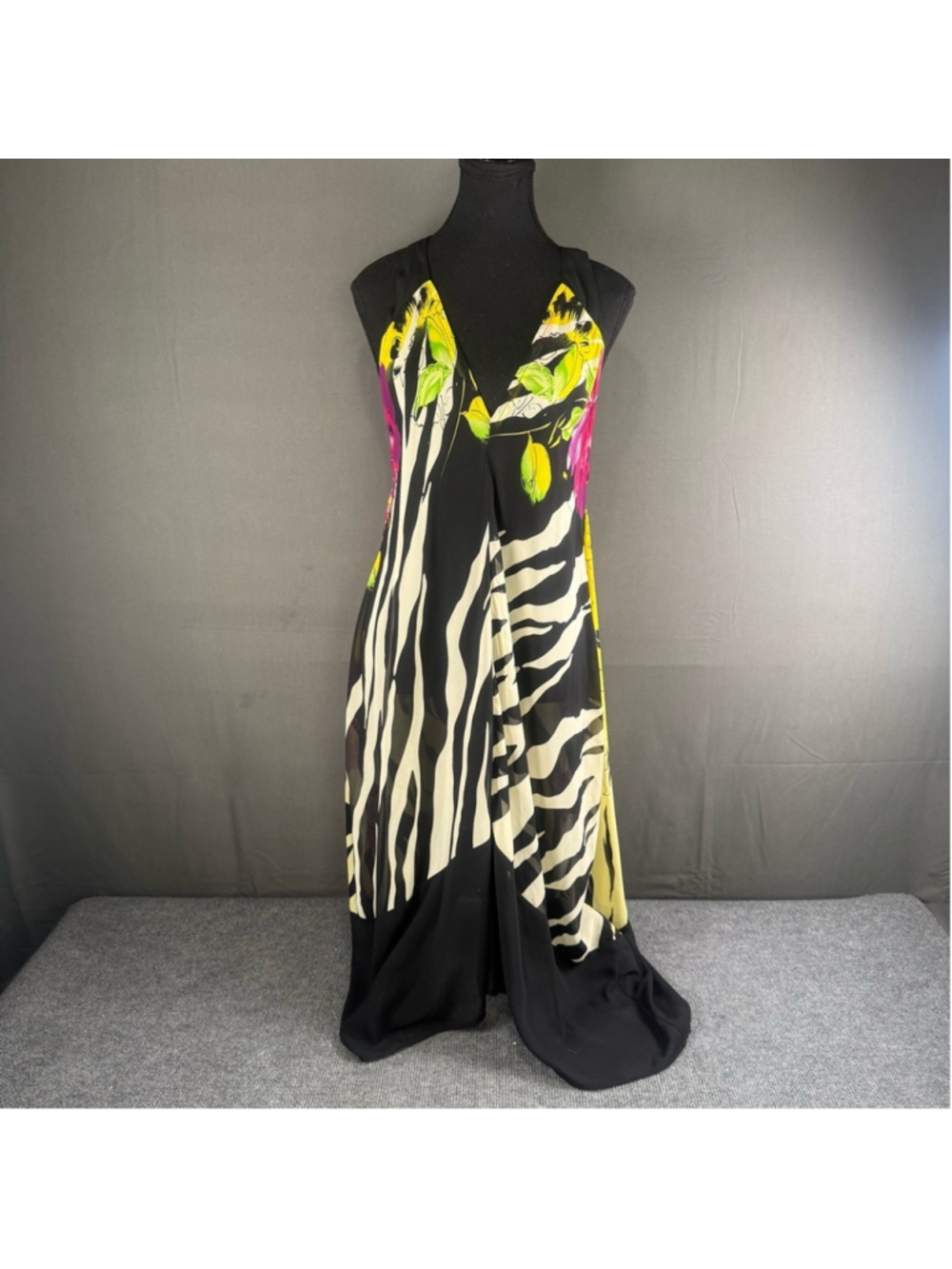 Joseph Ribkoff Maxi Dress 4 Sheer Resort Tropical Zebra Floral Vacation Black